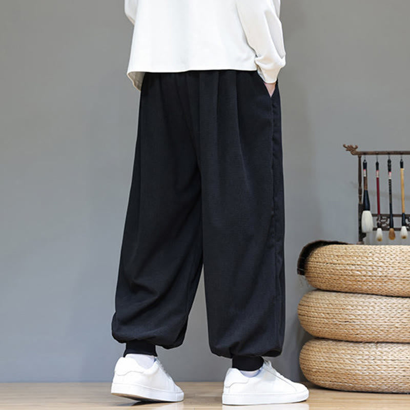 Buddha Stones Fall Plain Drawstring Simple Design Men's Harem Cotton Corduroy Pants With Pockets