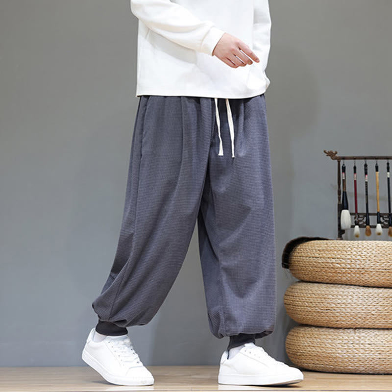 Buddha Stones Fall Plain Drawstring Simple Design Men's Harem Cotton Corduroy Pants With Pockets