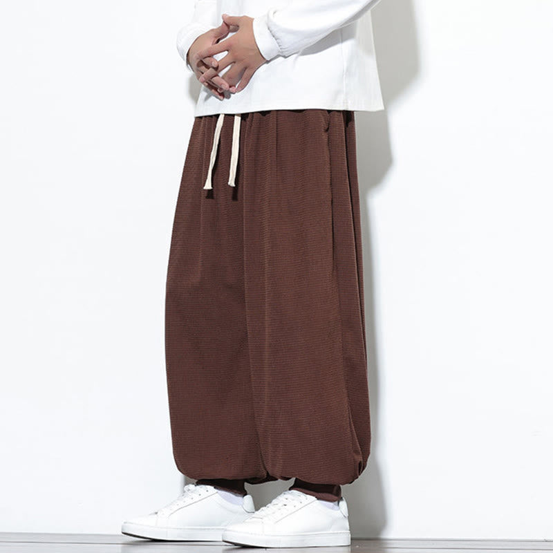 Buddha Stones Fall Plain Drawstring Simple Design Men's Harem Cotton Corduroy Pants With Pockets