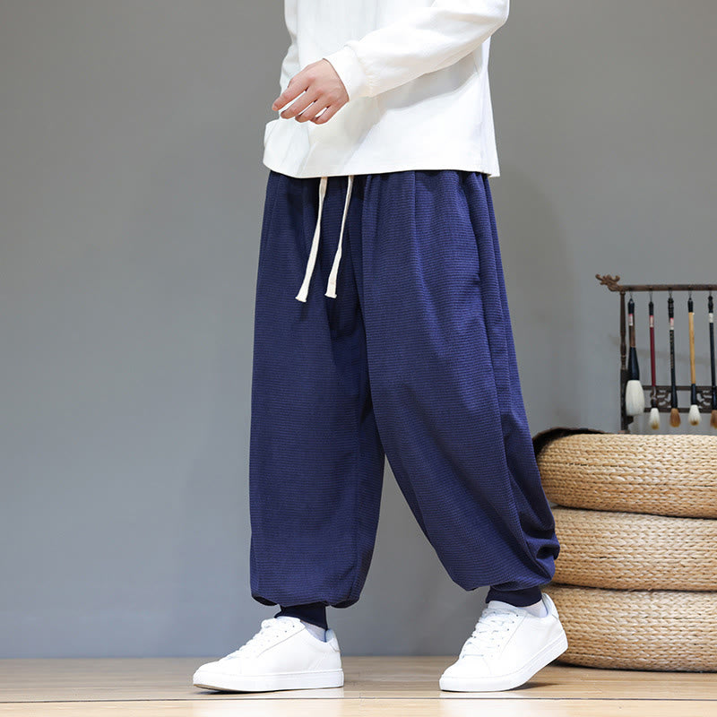 Buddha Stones Fall Plain Drawstring Simple Design Men's Harem Cotton Corduroy Pants With Pockets