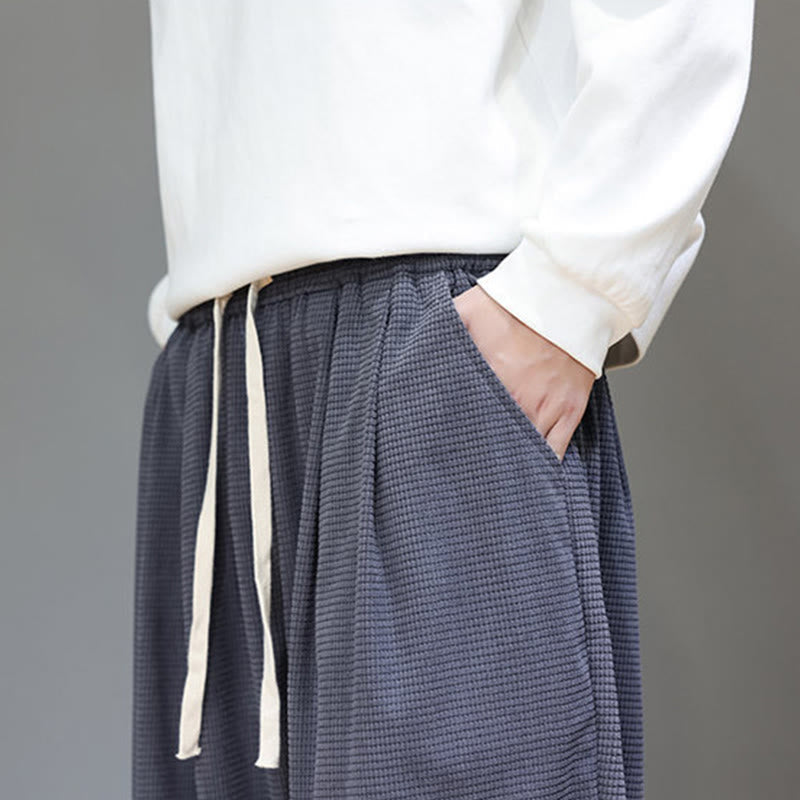Buddha Stones Fall Plain Drawstring Simple Design Men's Harem Cotton Corduroy Pants With Pockets