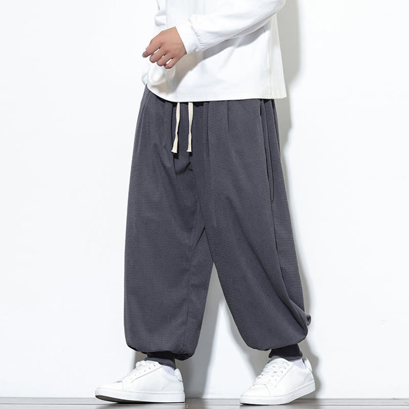 Buddha Stones Fall Plain Drawstring Simple Design Men's Harem Cotton Corduroy Pants With Pockets