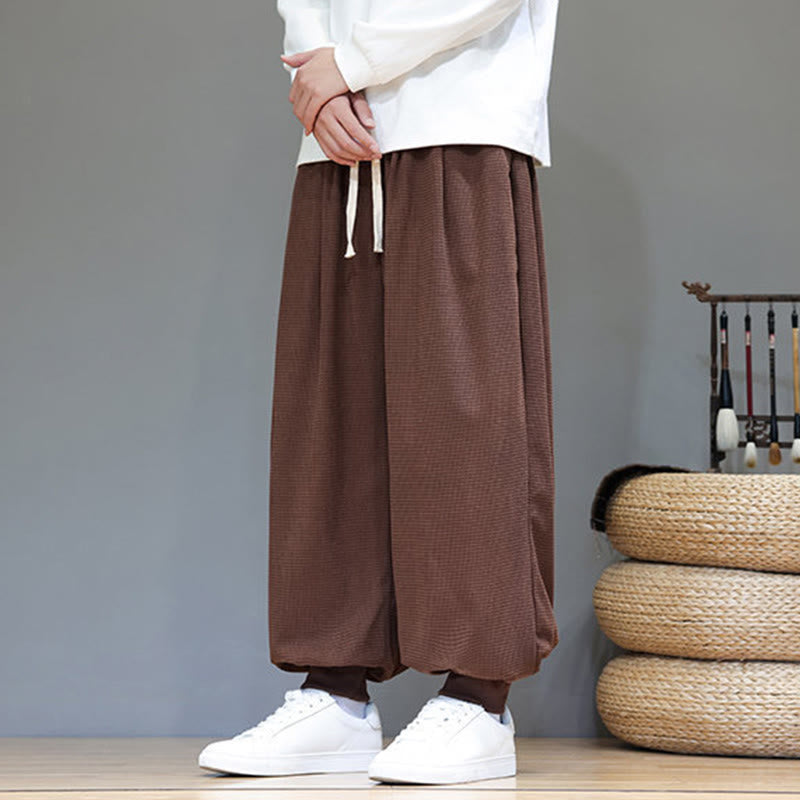 Buddha Stones Fall Plain Drawstring Simple Design Men's Harem Cotton Corduroy Pants With Pockets