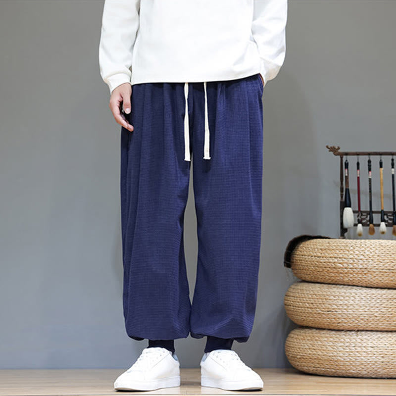 Buddha Stones Fall Plain Drawstring Simple Design Men's Harem Cotton Corduroy Pants With Pockets