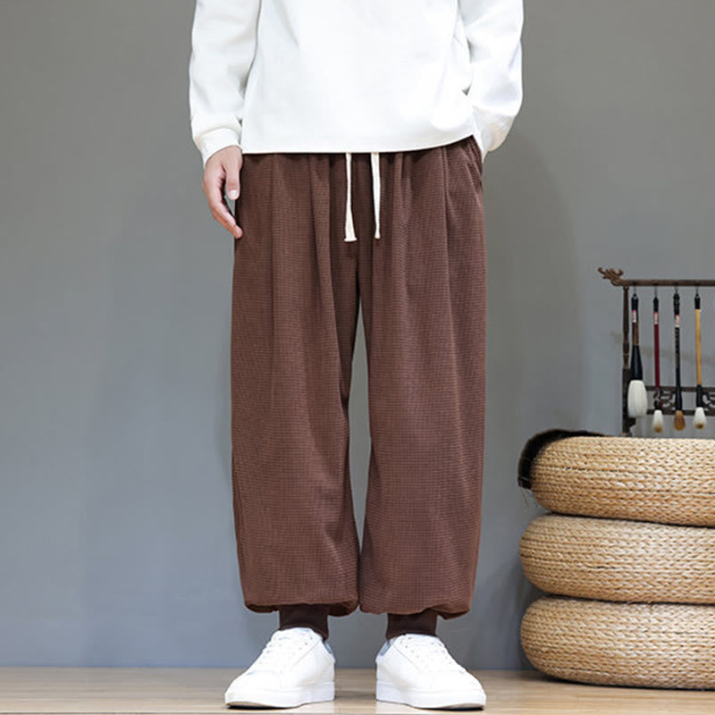 Buddha Stones Fall Plain Drawstring Simple Design Men's Harem Cotton Corduroy Pants With Pockets