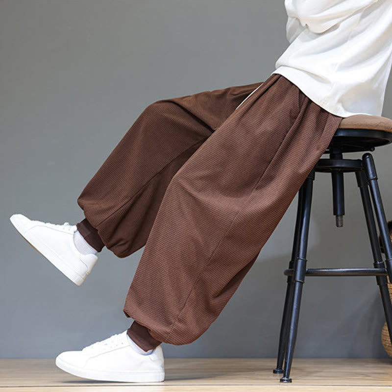 Buddha Stones Fall Plain Drawstring Simple Design Men's Harem Cotton Corduroy Pants With Pockets
