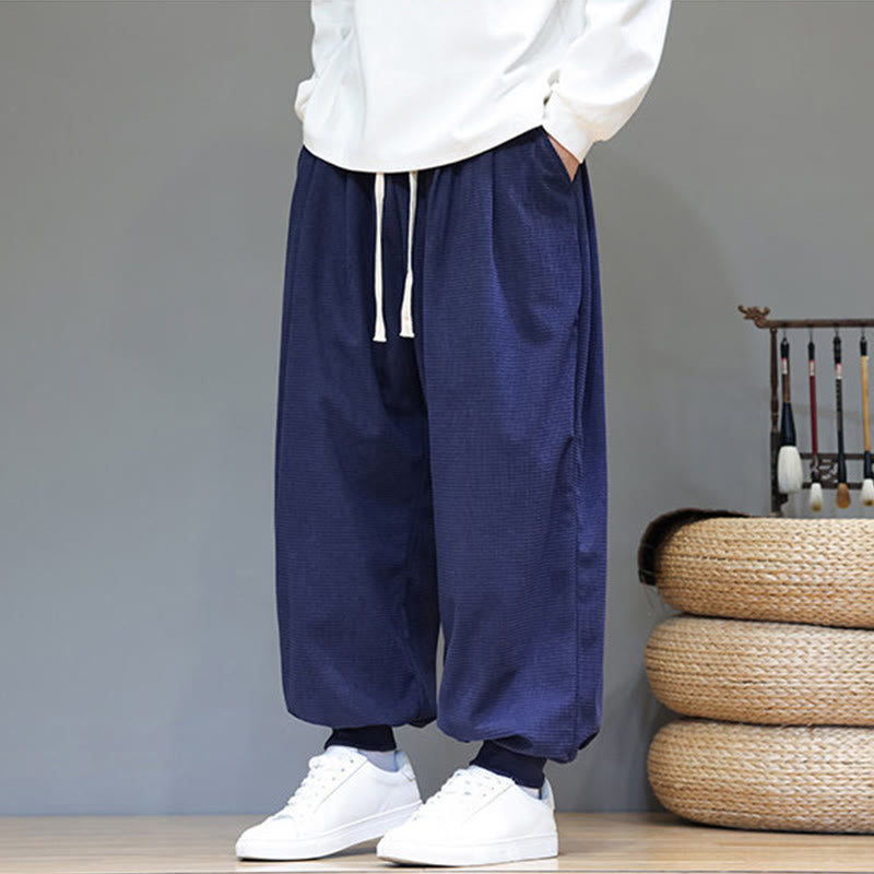 Buddha Stones Fall Plain Drawstring Simple Design Men's Harem Cotton Corduroy Pants With Pockets