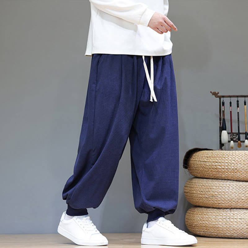 Buddha Stones Fall Plain Drawstring Simple Design Men's Harem Cotton Corduroy Pants With Pockets