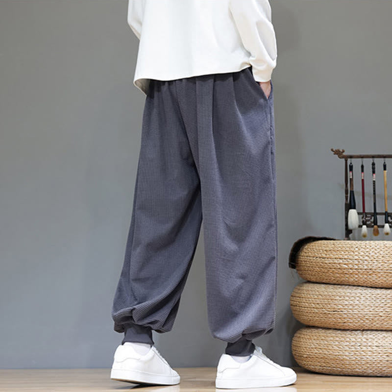 Buddha Stones Fall Plain Drawstring Simple Design Men's Harem Cotton Corduroy Pants With Pockets
