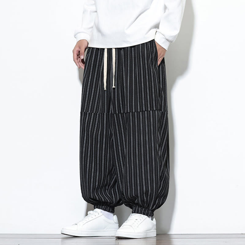 Buddha Stones Fall Striped Pattern Drawstring Men's Harem Corduroy Pants With Pockets