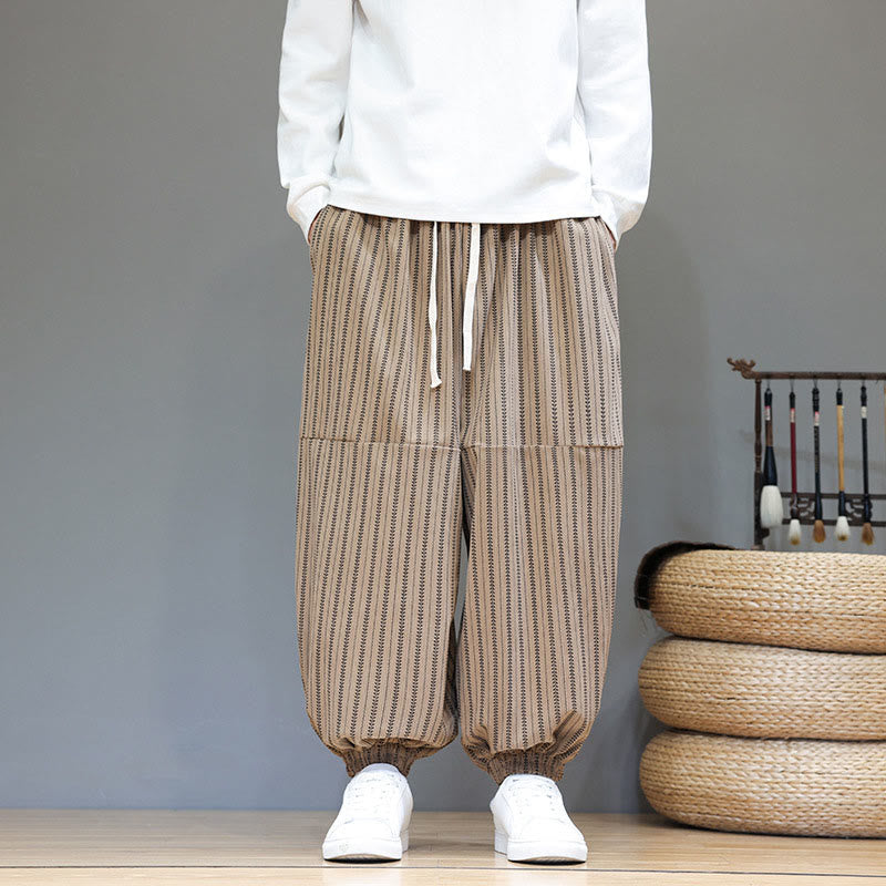 Buddha Stones Fall Striped Pattern Drawstring Men's Harem Corduroy Pants With Pockets