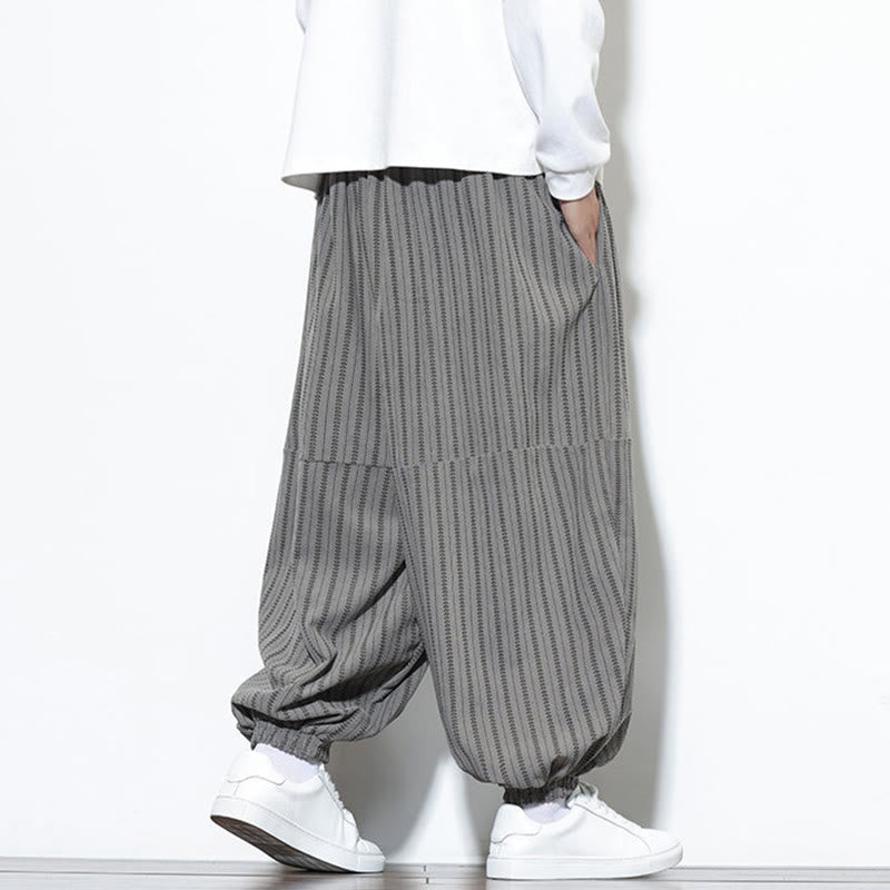 Buddha Stones Fall Striped Pattern Drawstring Men's Harem Corduroy Pants With Pockets
