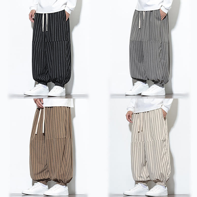 Buddha Stones Fall Striped Pattern Drawstring Men's Harem Corduroy Pants With Pockets