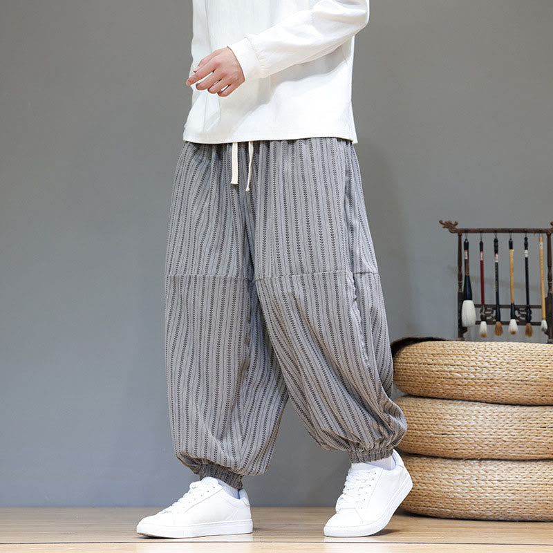 Buddha Stones Fall Striped Pattern Drawstring Men's Harem Corduroy Pants With Pockets