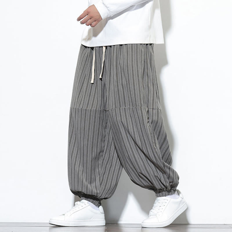 Buddha Stones Fall Striped Pattern Drawstring Men's Harem Corduroy Pants With Pockets