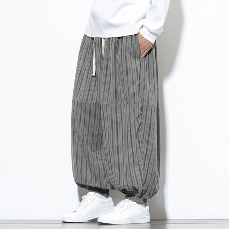 Buddha Stones Fall Striped Pattern Drawstring Men's Harem Corduroy Pants With Pockets