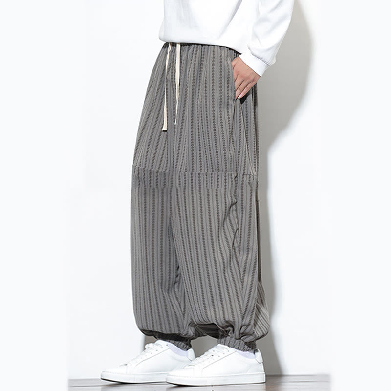 Buddha Stones Fall Striped Pattern Drawstring Men's Harem Corduroy Pants With Pockets