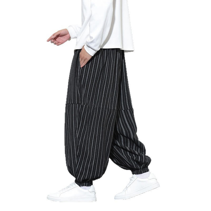Buddha Stones Fall Striped Pattern Drawstring Men's Harem Corduroy Pants With Pockets