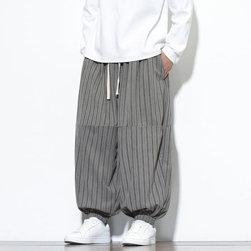 Buddha Stones Fall Striped Pattern Drawstring Men's Harem Corduroy Pants With Pockets