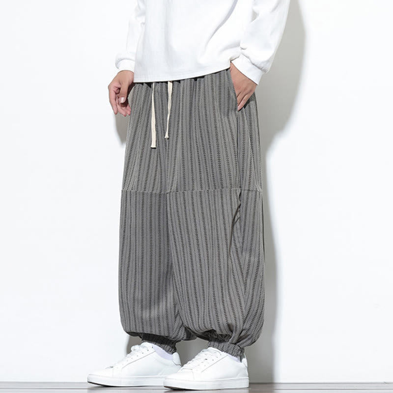 Buddha Stones Fall Striped Pattern Drawstring Men's Harem Corduroy Pants With Pockets