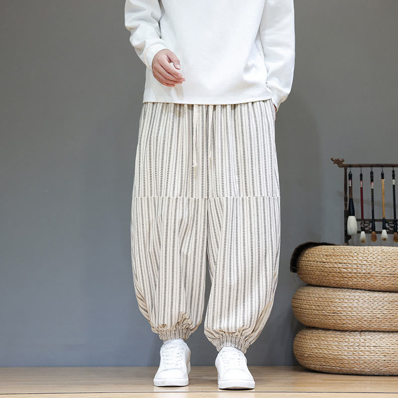 Buddha Stones Fall Striped Pattern Drawstring Men's Harem Corduroy Pants With Pockets