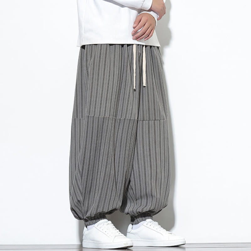 Buddha Stones Fall Striped Pattern Drawstring Men's Harem Corduroy Pants With Pockets