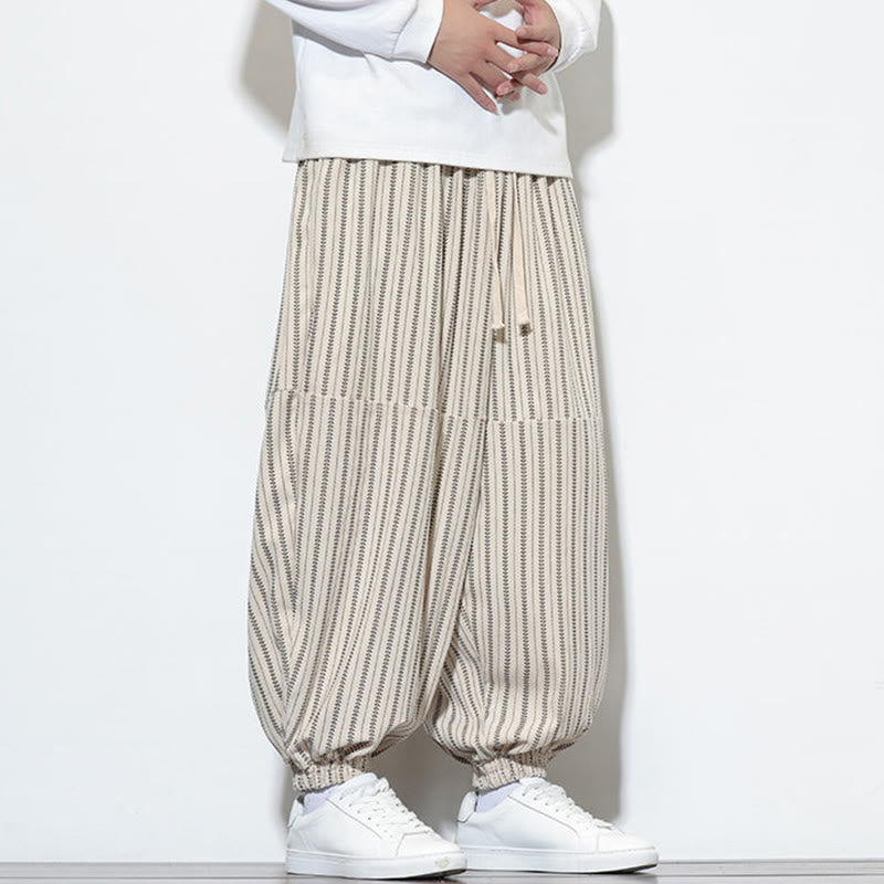 Buddha Stones Fall Striped Pattern Drawstring Men's Harem Corduroy Pants With Pockets