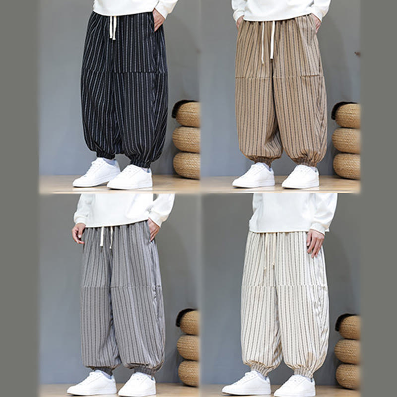 Buddha Stones Fall Striped Pattern Drawstring Men's Harem Corduroy Pants With Pockets