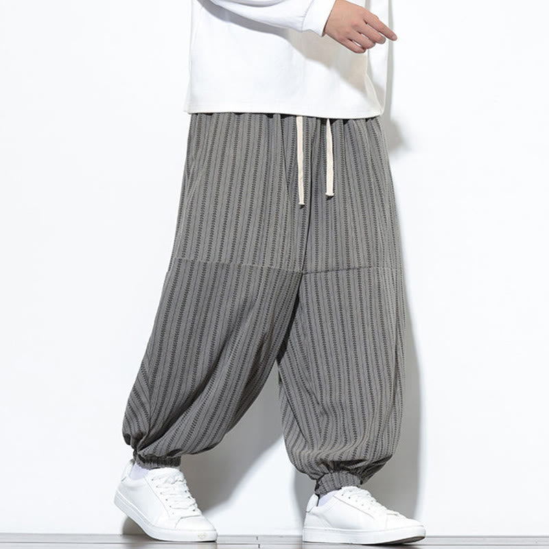 Buddha Stones Fall Striped Pattern Drawstring Men's Harem Corduroy Pants With Pockets