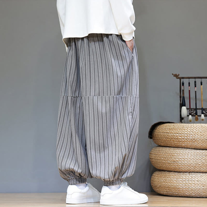 Buddha Stones Fall Striped Pattern Drawstring Men's Harem Corduroy Pants With Pockets