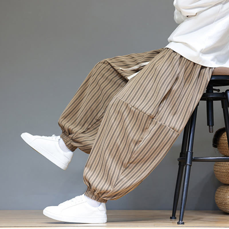 Buddha Stones Fall Striped Pattern Drawstring Men's Harem Corduroy Pants With Pockets
