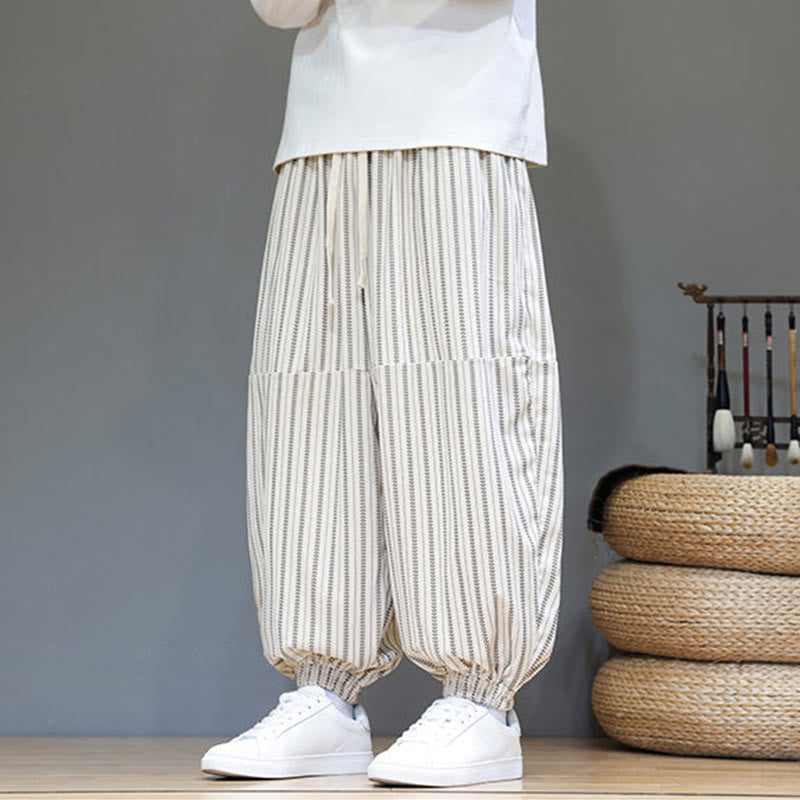 Buddha Stones Fall Striped Pattern Drawstring Men's Harem Corduroy Pants With Pockets