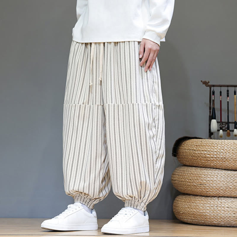 Buddha Stones Fall Striped Pattern Drawstring Men's Harem Corduroy Pants With Pockets