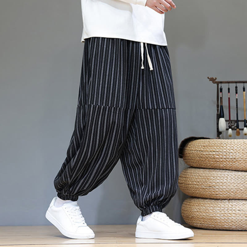 Buddha Stones Fall Striped Pattern Drawstring Men's Harem Corduroy Pants With Pockets
