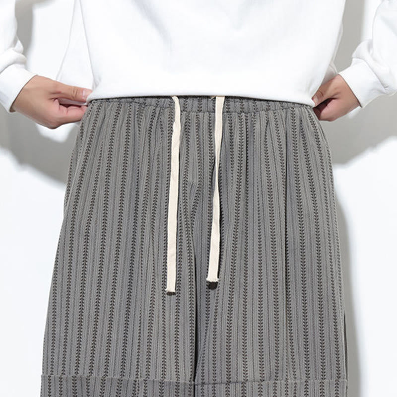 Buddha Stones Fall Striped Pattern Drawstring Men's Harem Corduroy Pants With Pockets