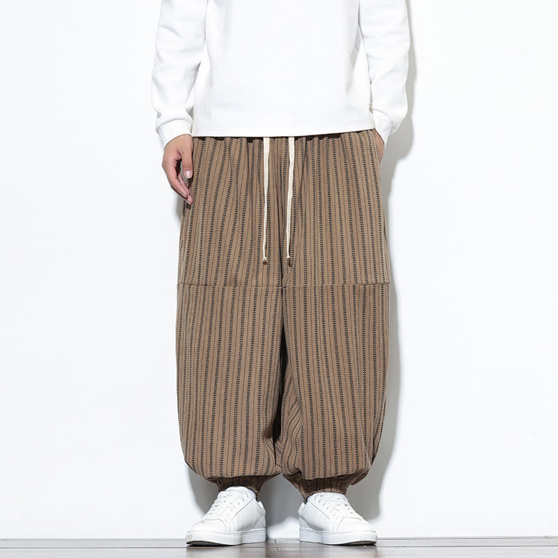 Buddha Stones Fall Striped Pattern Drawstring Men's Harem Corduroy Pants With Pockets