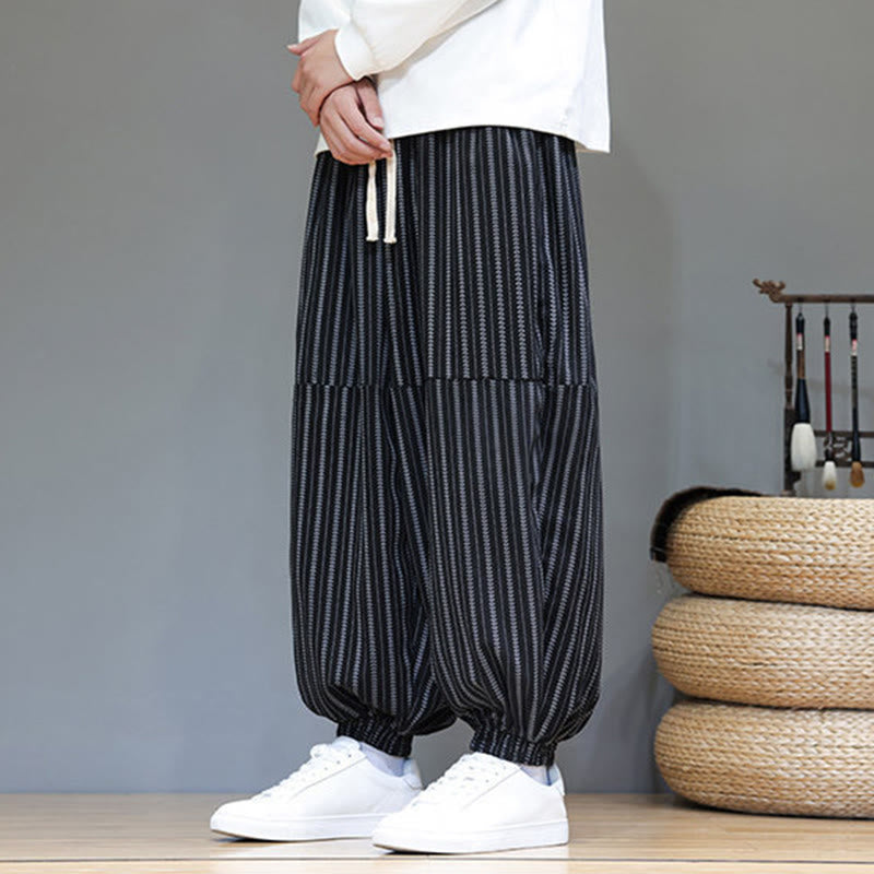 Buddha Stones Fall Striped Pattern Drawstring Men's Harem Corduroy Pants With Pockets