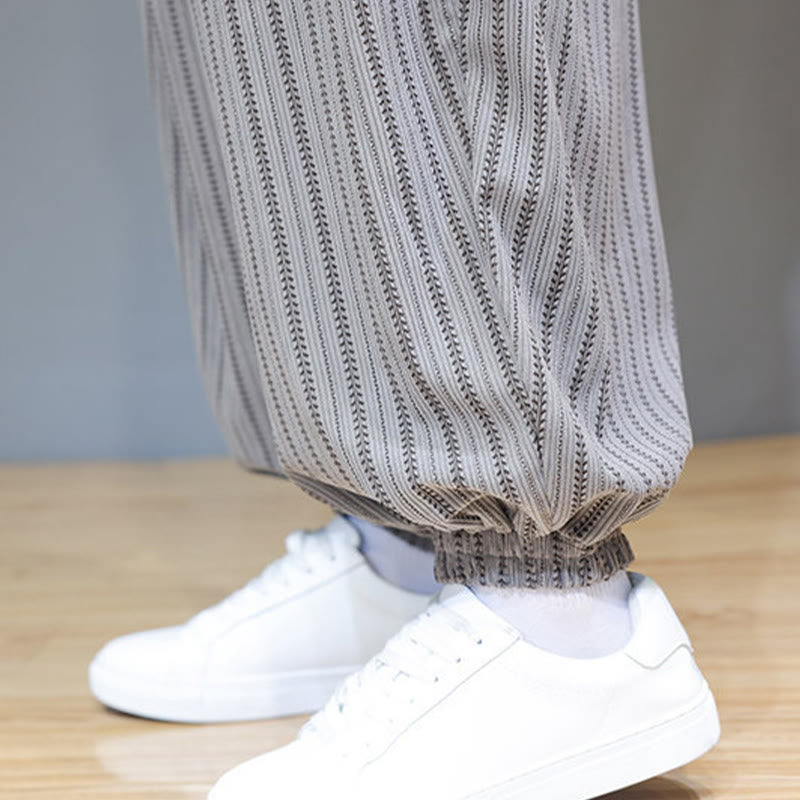 Buddha Stones Fall Striped Pattern Drawstring Men's Harem Corduroy Pants With Pockets