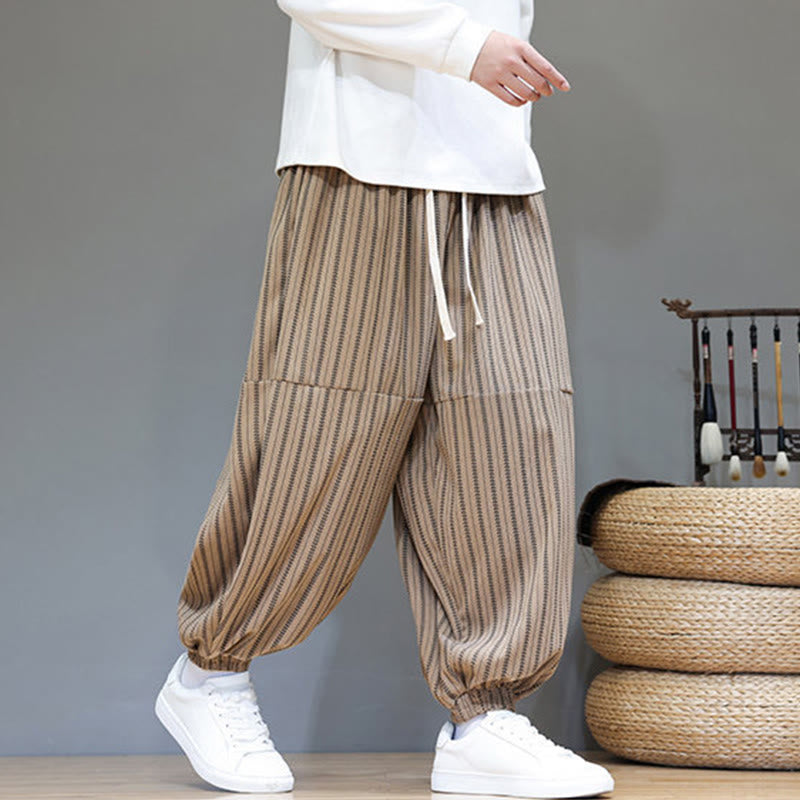 Buddha Stones Fall Striped Pattern Drawstring Men's Harem Corduroy Pants With Pockets