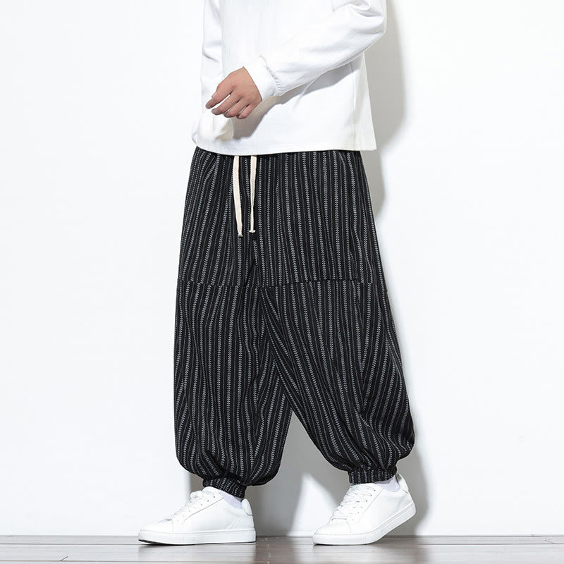 Buddha Stones Fall Striped Pattern Drawstring Men's Harem Corduroy Pants With Pockets