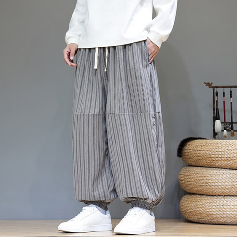 Buddha Stones Fall Striped Pattern Drawstring Men's Harem Corduroy Pants With Pockets