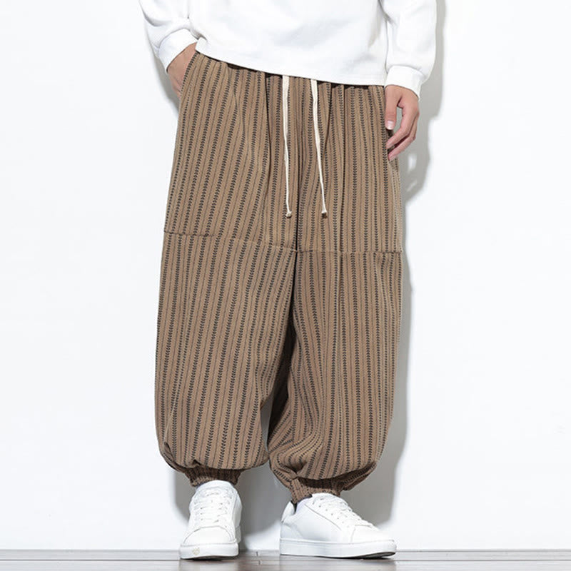 Buddha Stones Fall Striped Pattern Drawstring Men's Harem Corduroy Pants With Pockets
