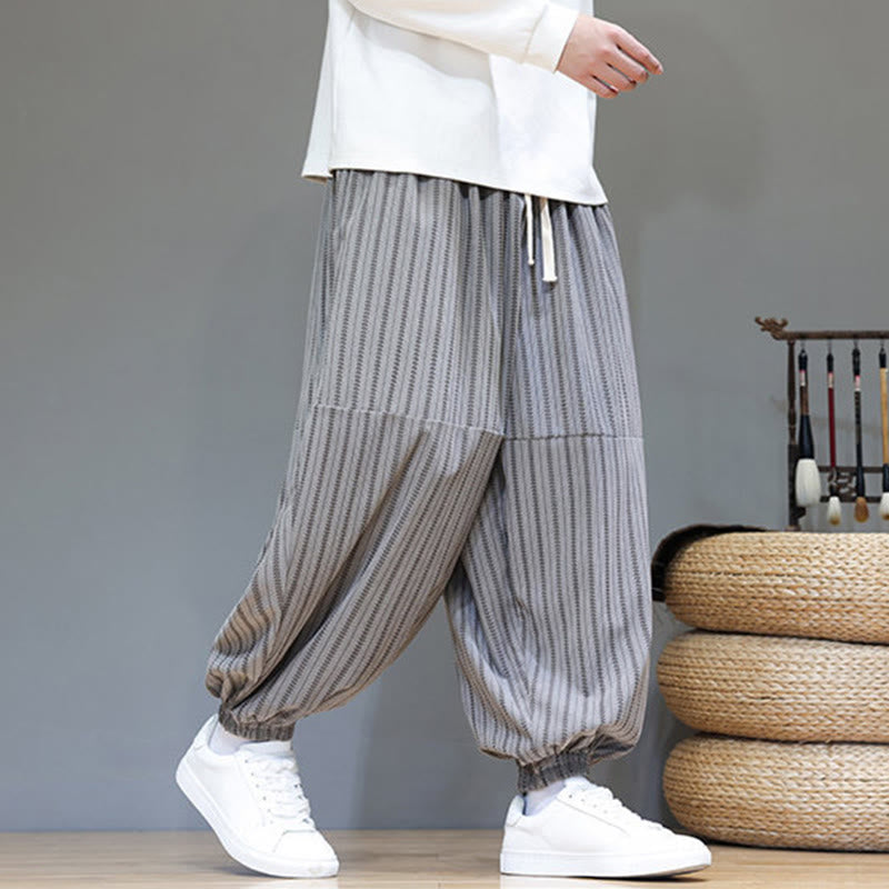 Buddha Stones Fall Striped Pattern Drawstring Men's Harem Corduroy Pants With Pockets