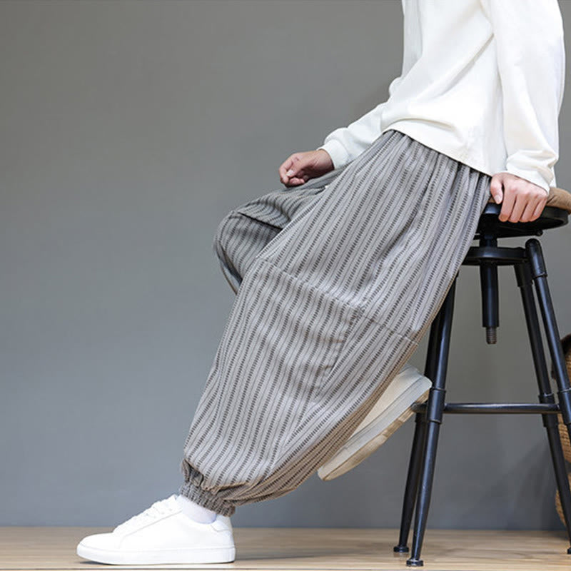 Buddha Stones Fall Striped Pattern Drawstring Men's Harem Corduroy Pants With Pockets
