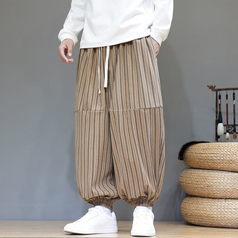 Buddha Stones Fall Striped Pattern Drawstring Men's Harem Corduroy Pants With Pockets