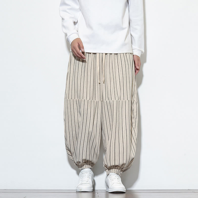 Buddha Stones Fall Striped Pattern Drawstring Men's Harem Corduroy Pants With Pockets