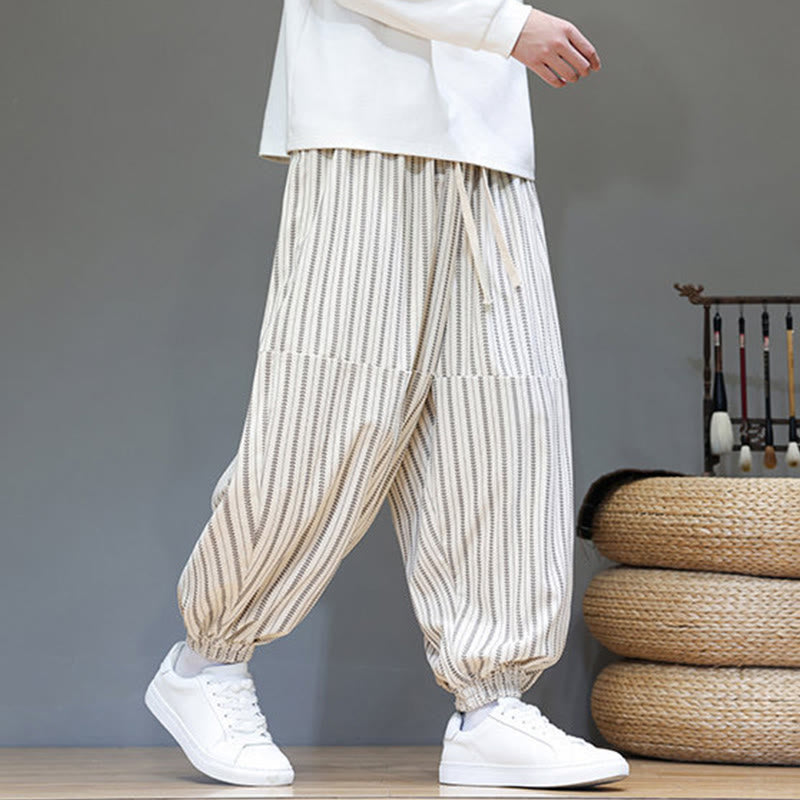 Buddha Stones Fall Striped Pattern Drawstring Men's Harem Corduroy Pants With Pockets