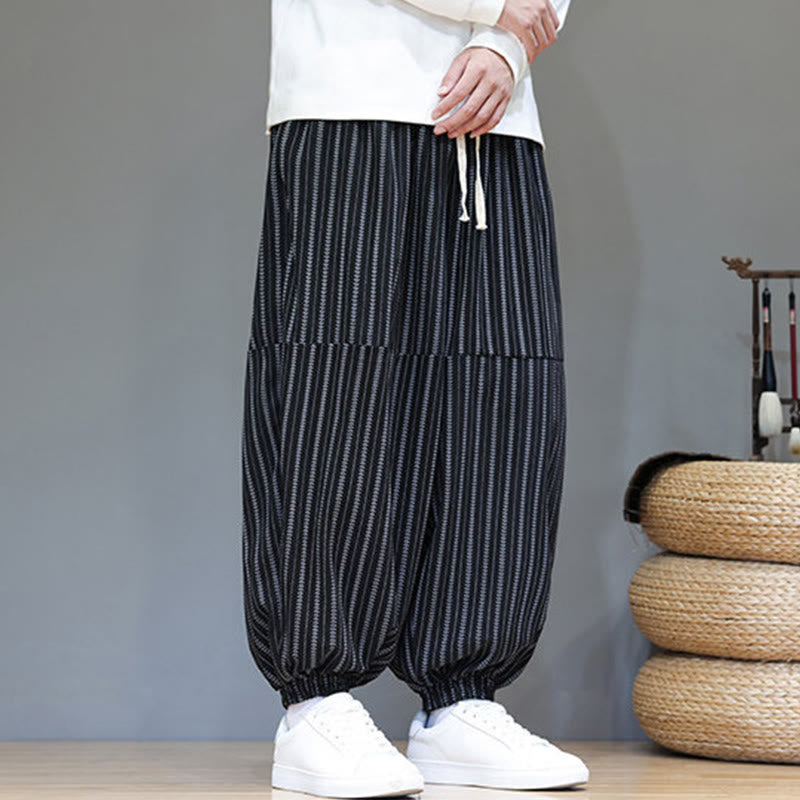 Buddha Stones Fall Striped Pattern Drawstring Men's Harem Corduroy Pants With Pockets