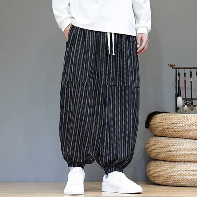 Buddha Stones Fall Striped Pattern Drawstring Men's Harem Corduroy Pants With Pockets