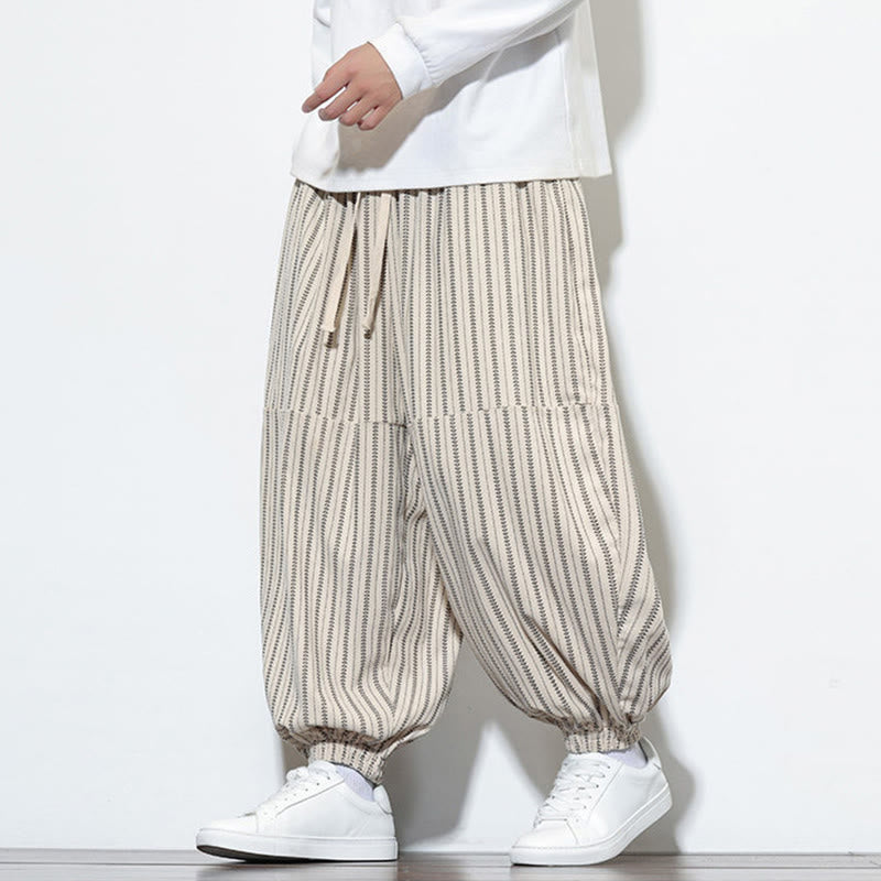 Buddha Stones Fall Striped Pattern Drawstring Men's Harem Corduroy Pants With Pockets